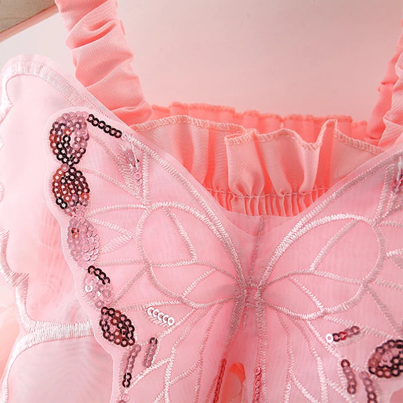 Summer 0-3 Girls' Dress Solid Color Butterfly 3D Mesh Splicing Butterfly Wings Strap Fluffy Dress