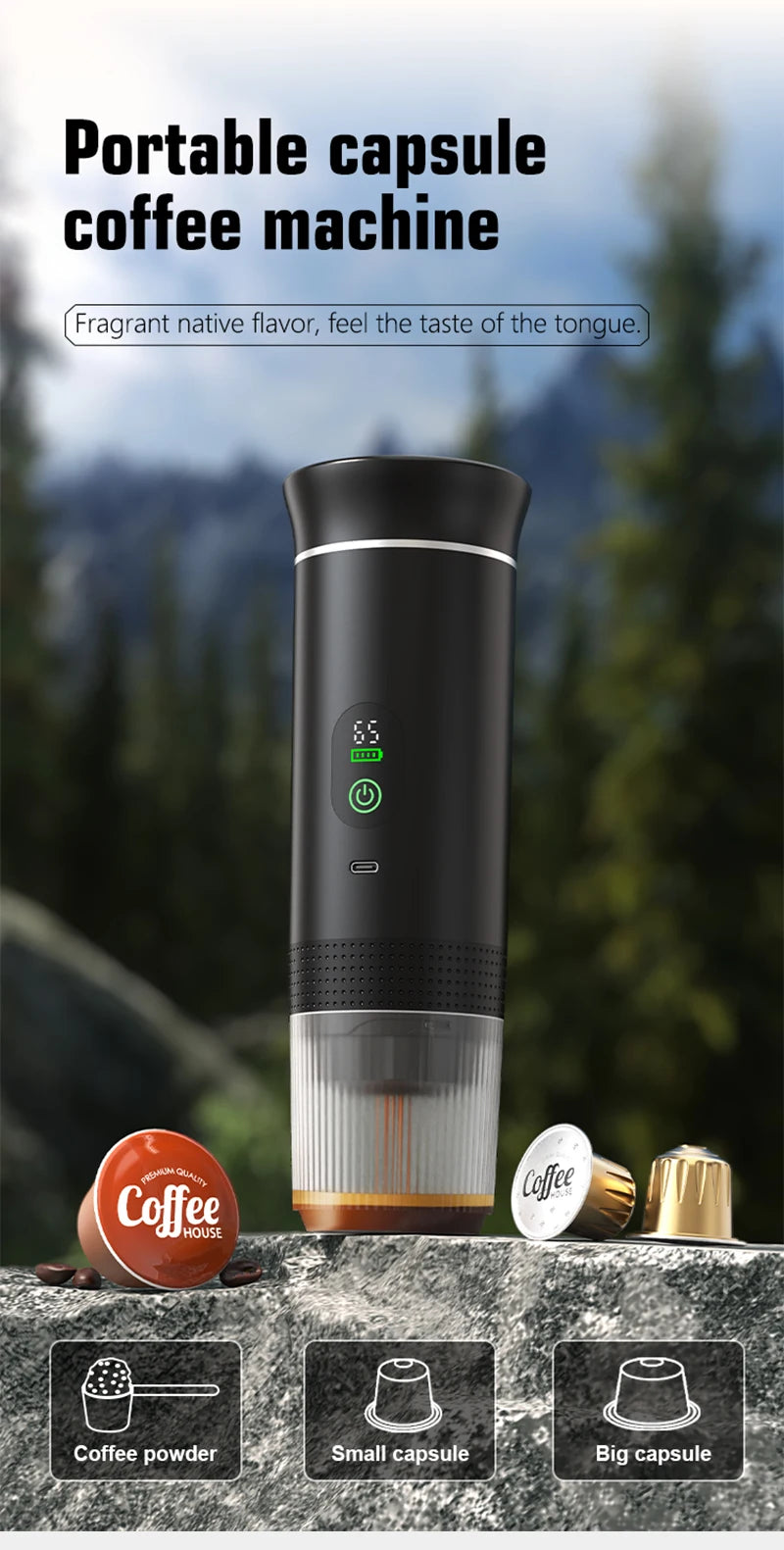 DENOKIN Portable Espresso Coffee Machine With Digital Display 3-in-1 Capsule Coffee Maker