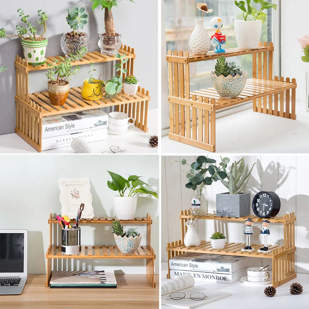 2 Tier Decorative Tabletop Wood Plant Stand Display Shelf For Home Office Tidy Storage Organiser