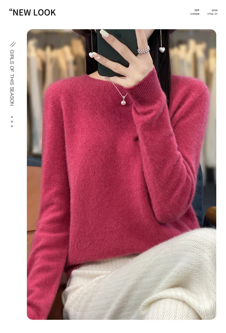 100% Merino Wool Women’s Sweater – Soft Cashmere-Feel O-Neck Pullover, Autumn/Winter Warm Knit Top (14 Colours)