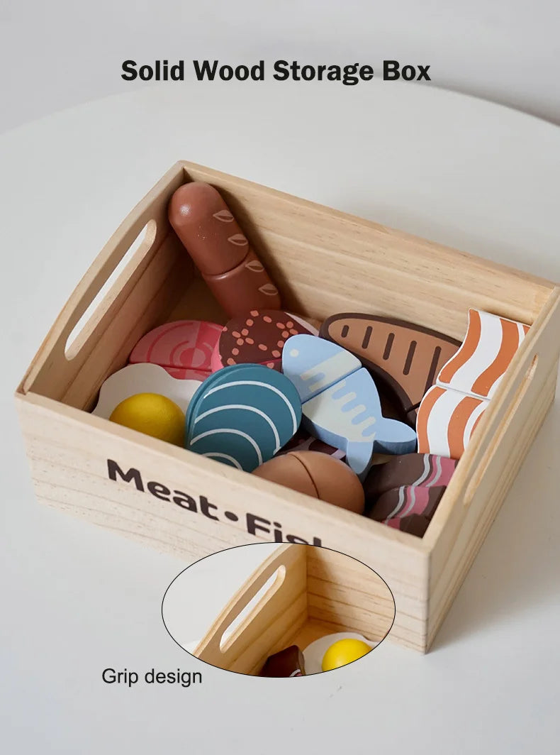 Wooden Pretend Play Kitchen Toys Cutting Food Accessories Set Fruit Vegetable Bakery Meat fish Early Educational Cognition Toys