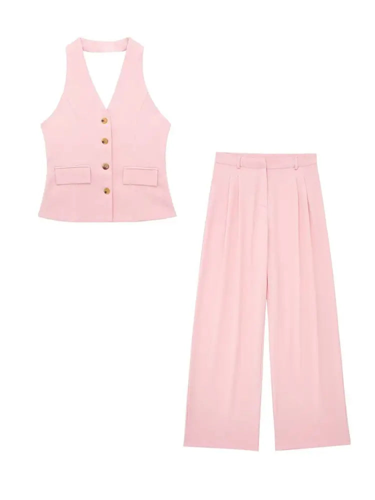 Women's Linen Look Halterneck Vest And Wide Leg Trouser