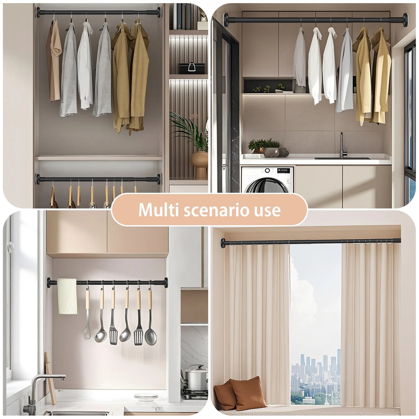 Adjustable Telescopic Pole No Drill1.9m Extendable Hanging Rod Bathroom Curtain Clothes Drying Storage Organisation Multipurpose
