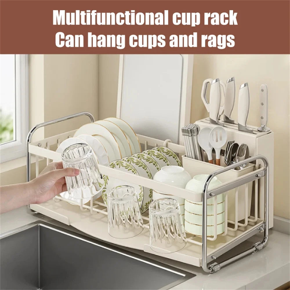 Kitchen Dish Draining Rack Steel Cutlery Rack with Drain Tray Cup Cutlery Holder Plate Rack Kitchen Countertop Storage Rack