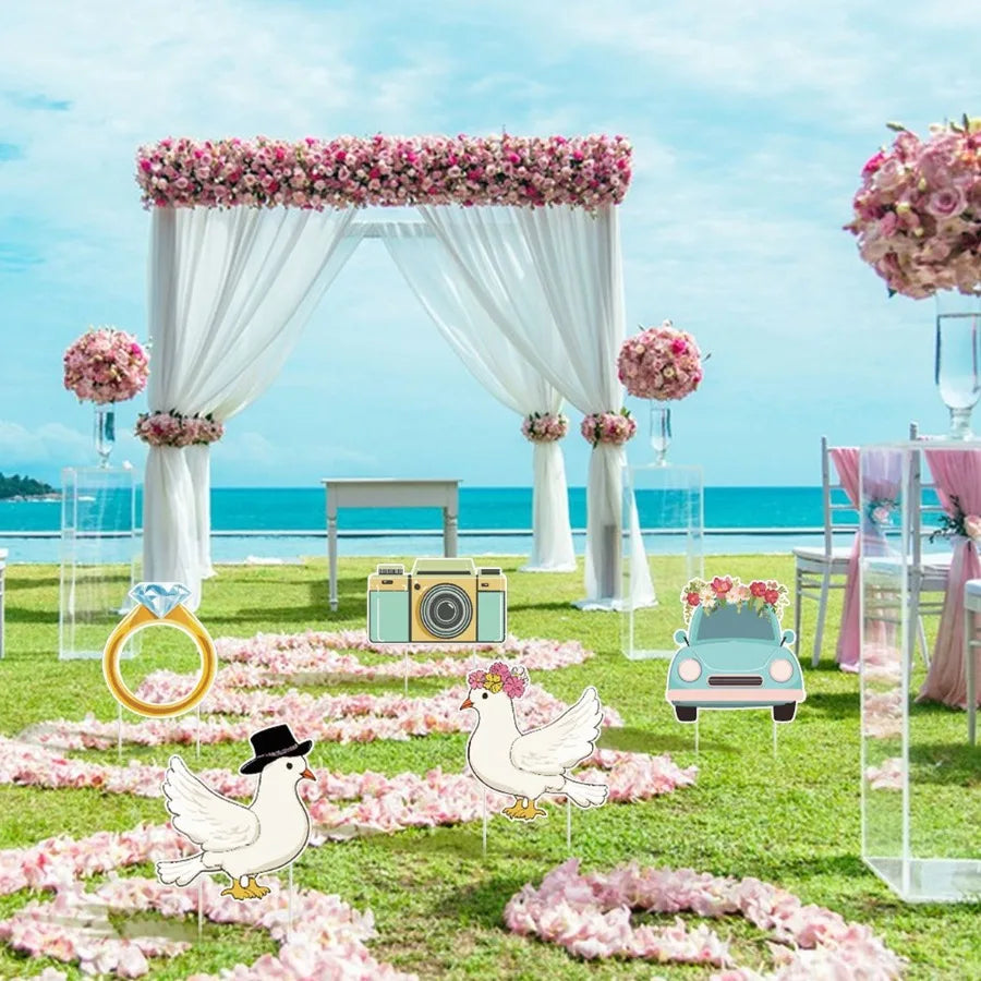 5Pcs Wedding Theme Party Yard Signs with Stakes Pigeon Ring Camera Pattern Road Dration Wedding Reception Plastic Welcome Sign