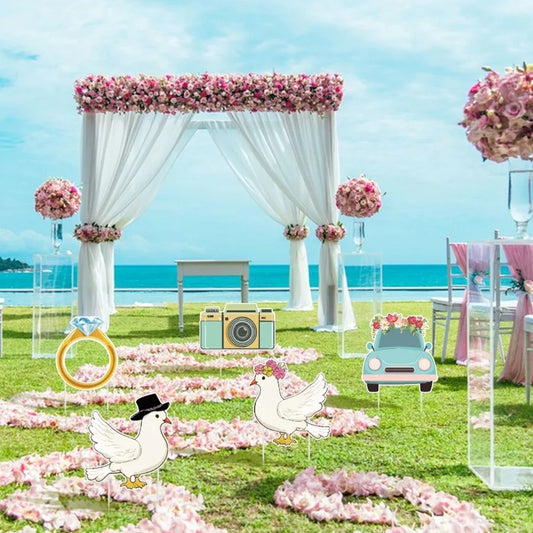 5Pcs Wedding Theme Party Yard Signs with Stakes Pigeon Ring Camera Pattern Road Dration Wedding Reception Plastic Welcome Sign