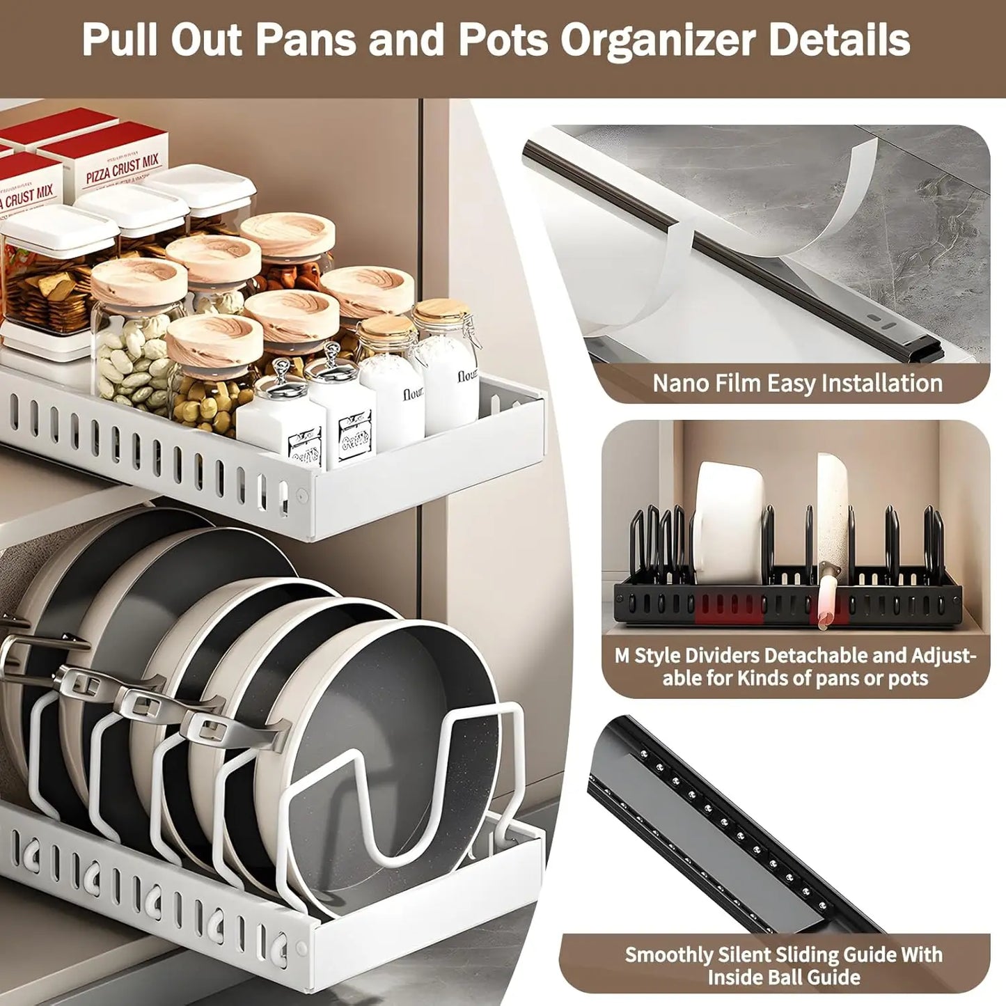 Pull Out Pots Pans Organiser for Under Cabinet Pull Out Cabinet Organiser Storage Pot Lid Organiser holder Adjustable Dividers