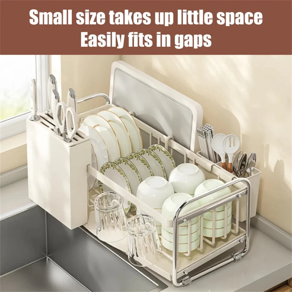 Kitchen Dish Draining Rack Steel Cutlery Rack with Drain Tray Cup Cutlery Holder Plate Rack Kitchen Countertop Storage Rack