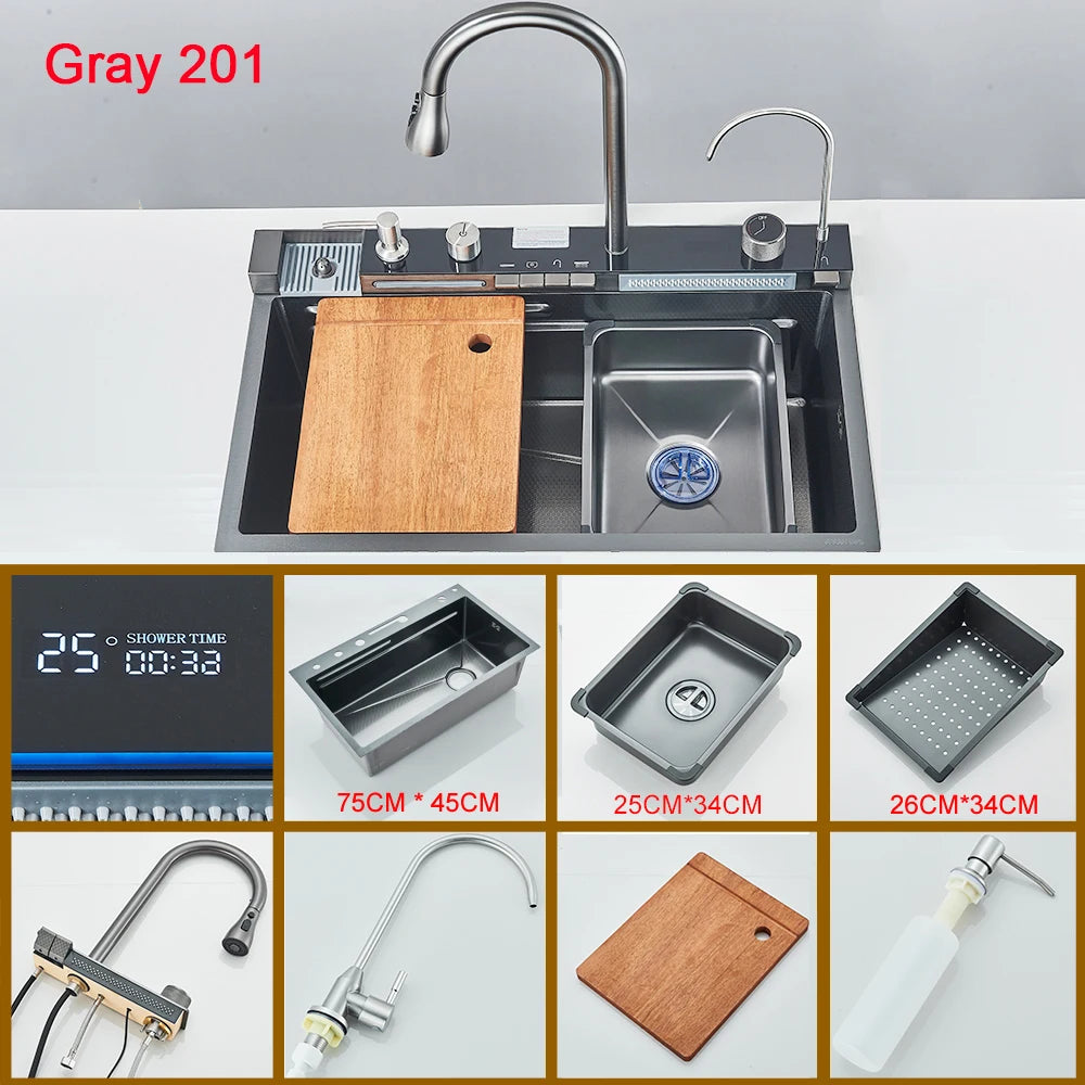 Multifunctional Kitchen Waterfall Sink Digital Display Large Single Gray Sink Dish Basin Sink 304 Stainless Steel