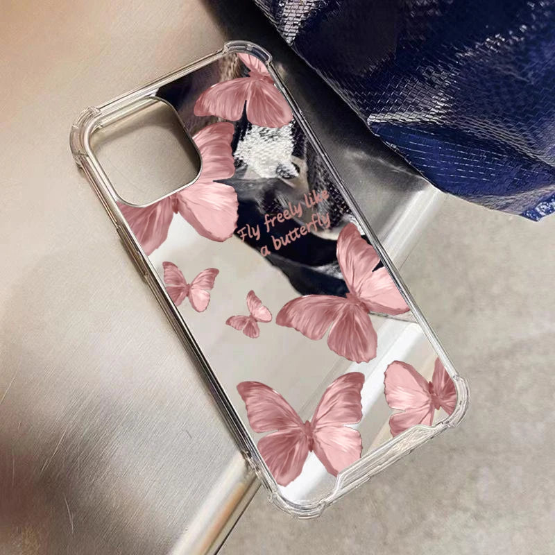 Pink Butterfly Mirror Phone Case For iPhone 16 15 14 13 12 11 Pro Max XS X XR 7 8 Plus SE Make Up Mirror Shockproof Soft Cover