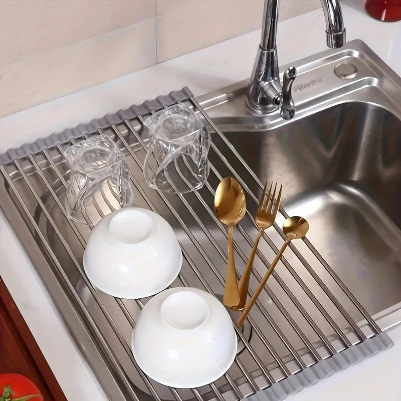 1pc Foldable Dish Drainer, Roll Up Dish Drying Rack ,Kitchen Sink Holder Organiser,Tableware Plate Storage Shelf