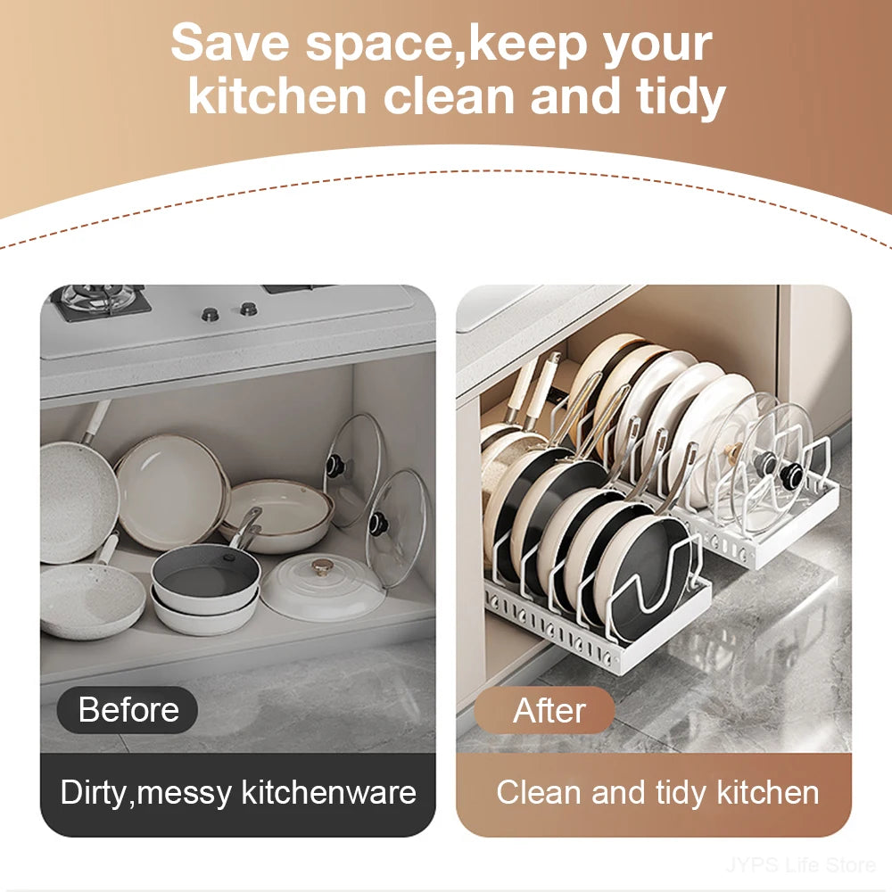 Pull out Pots and Pans Organiser Sliding Pot Lid Holder Kitchen Spice Rack