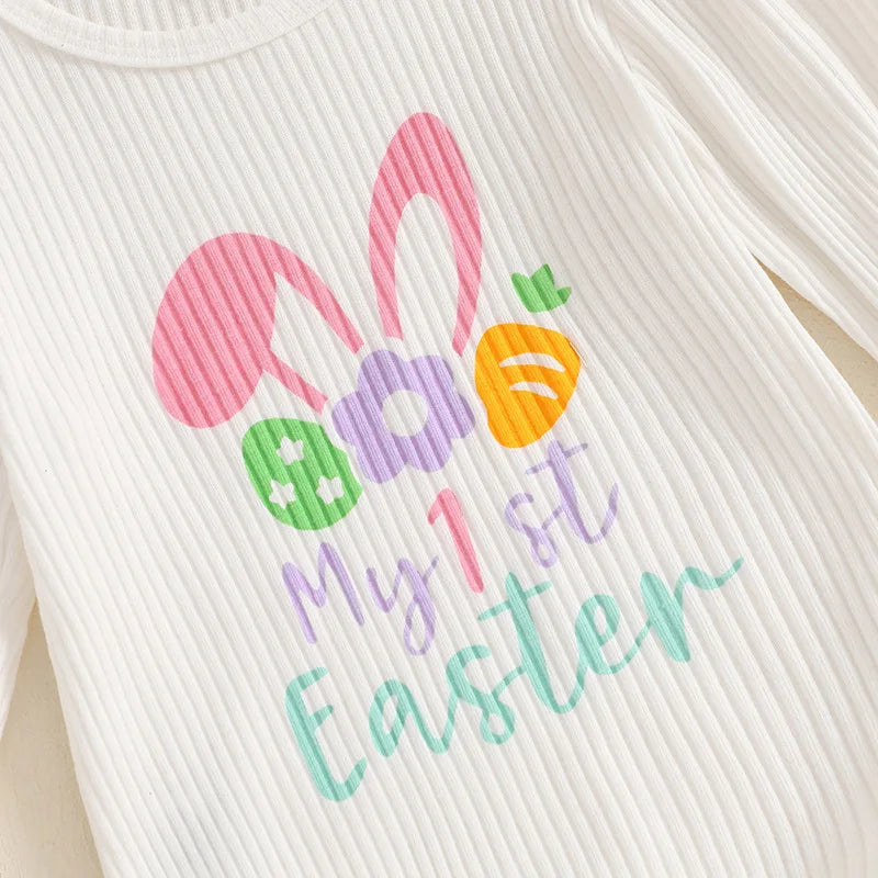 2025 New Set of Baby and Toddler Easter Bunny Print Pit Stripe Bubble Sleeves Flared Pants+headband Three Piece Set