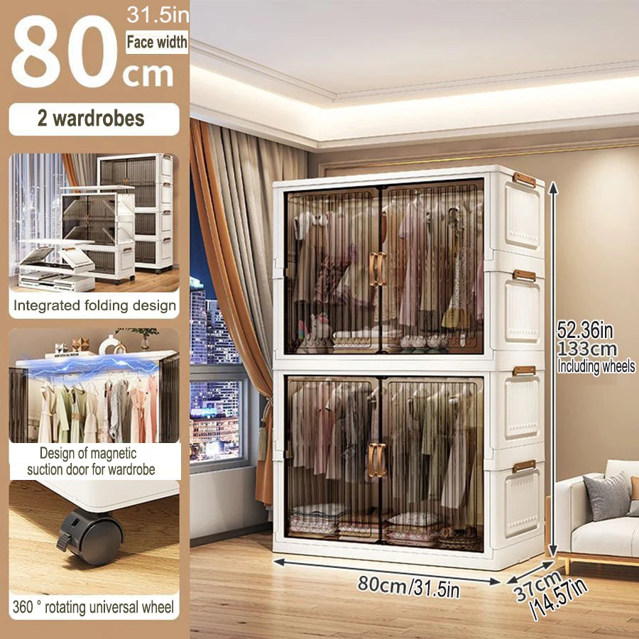 70-80cm Multifunction Folding Storage Cabinet | Dustproof Foldable Wardrobe & Closet Organiser | Heavy-Duty Household Sundries Locker Storage Box