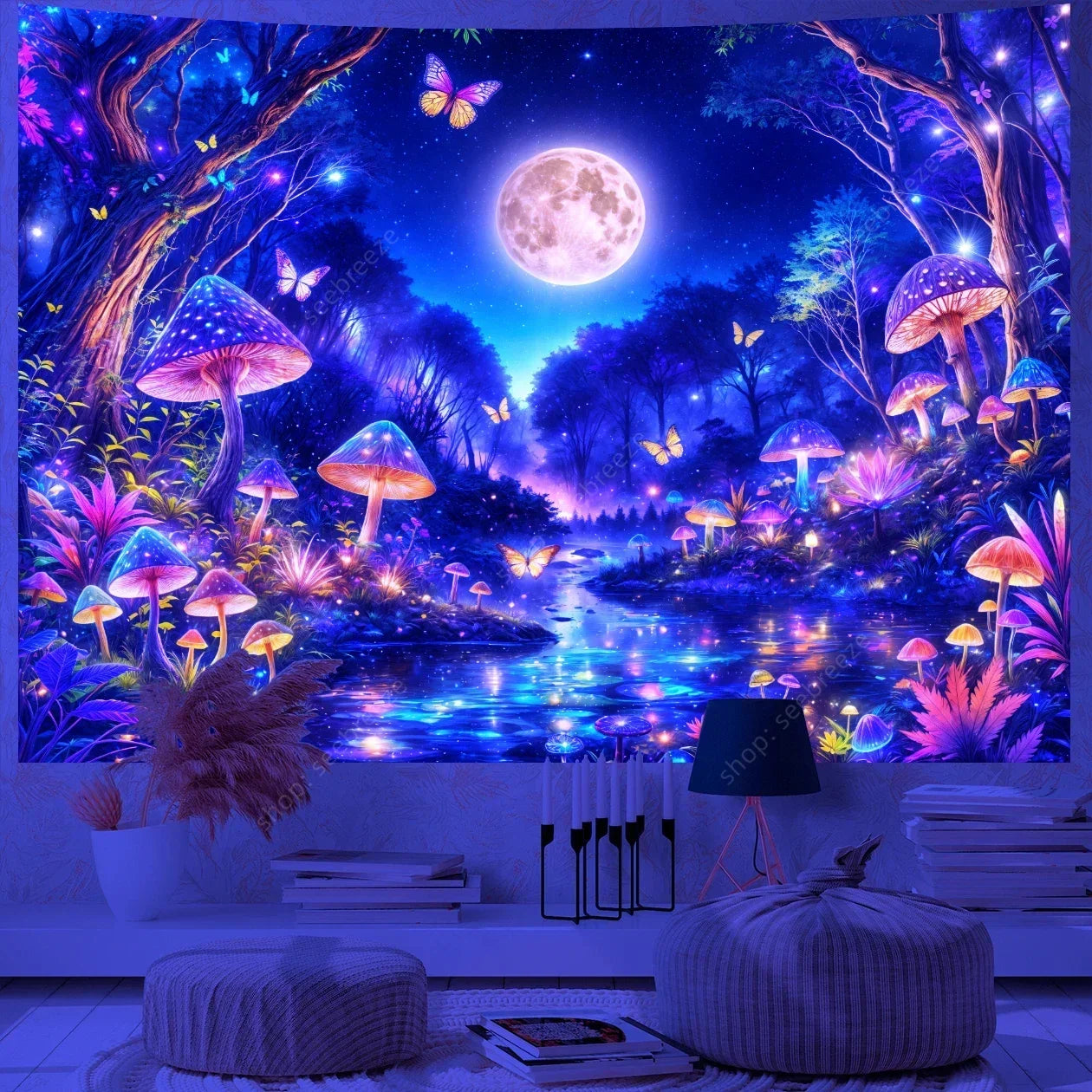 Butterfly Flower UV Reactive Tapestry Wall Hanging Hippie Boho Room Decor