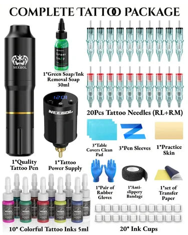 Valentine's Day Gift Neebol Wireless Tattoo Machine Kit Complete,Rotary Tattoo Pen,Tattoo Cartridge Needles, inks,Body Art Makeu