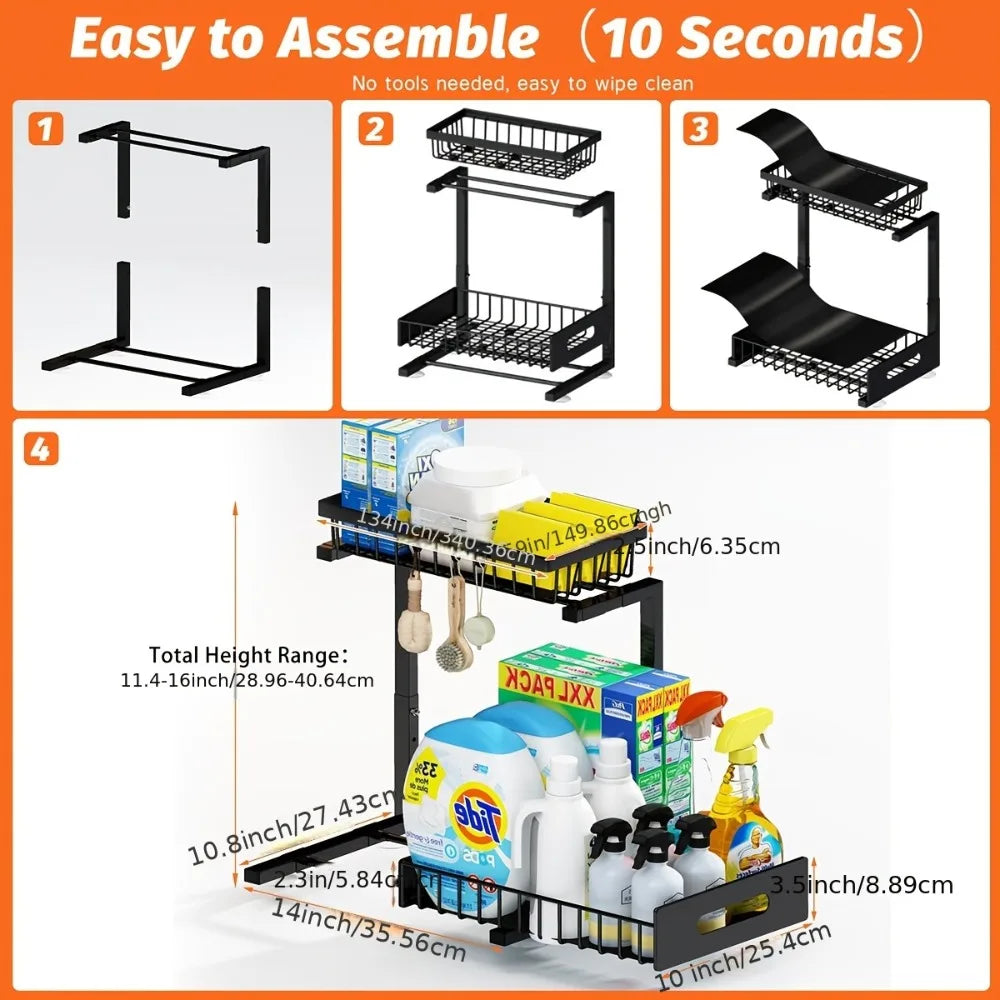 Under Sink Organisers, Metal Pull Out Under Sink Organisers,Storage Shelves with Sliding Drawer,Under Sink Storage for Kitchen