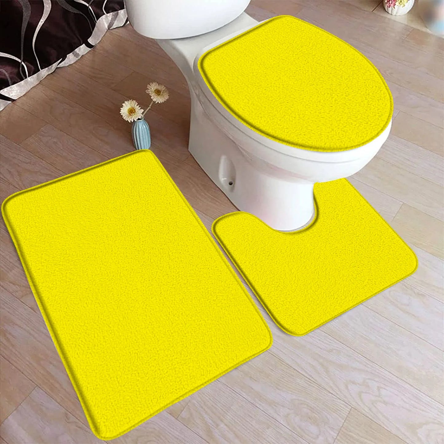 Black Bath Mat Set Modern Solid Colour Home Doormat Carpet Flannel Bathroom Decor Floor Rugs U-shaped Pad With Toilet Lid Cover