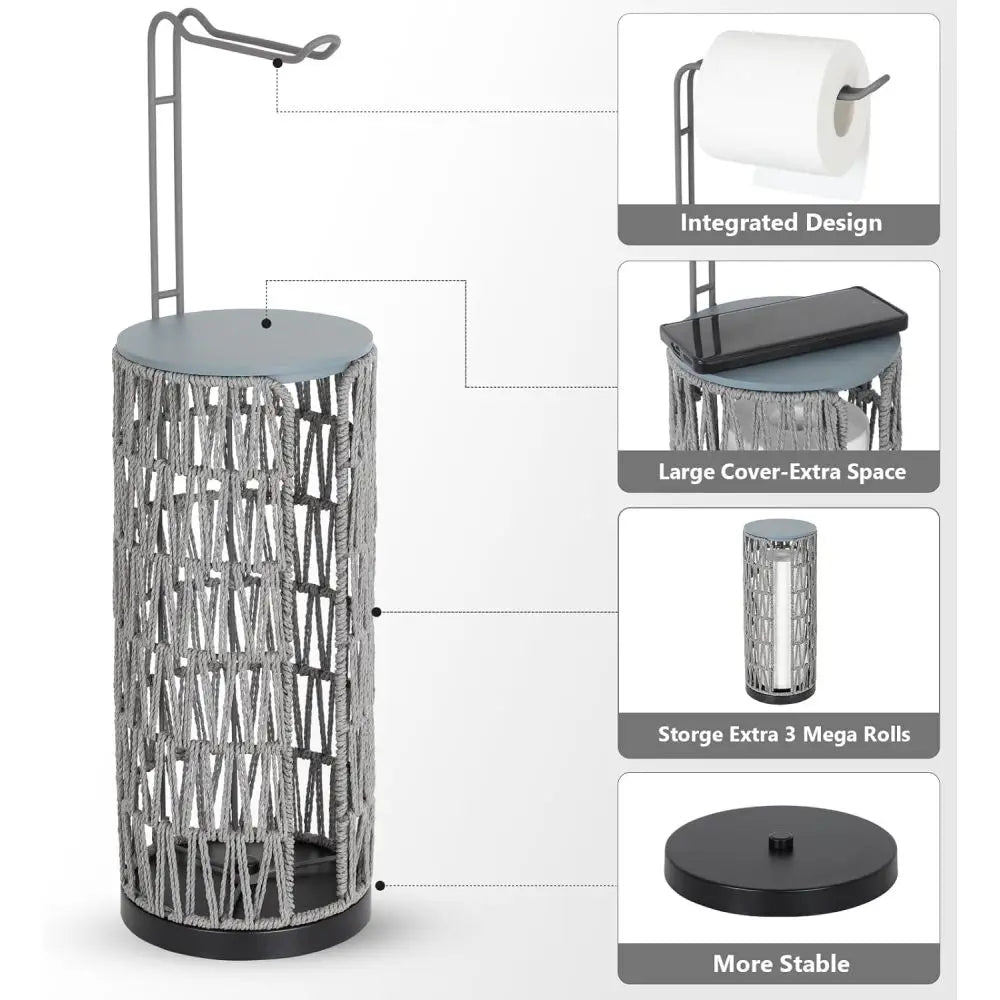 Freestanding Toilet Paper Holder with Storage,3 Rolls of Tissue Holder for Bathroom,Handmade WovenToilet Roll Holder Stand