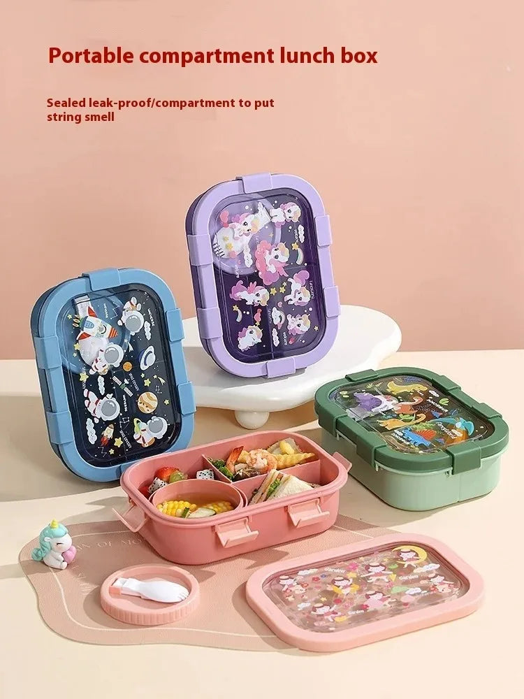 1000/1350ml Cartoon Lunch Box with Soup Bowl Bento Box Buckle Design Sealed and Leak-proof Portable Food Storage Container