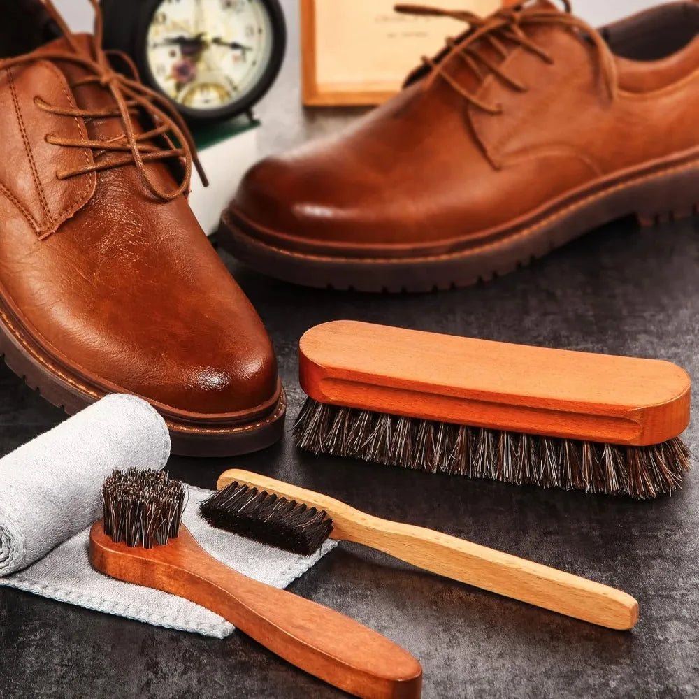 4 Pieces Horsehair Shiny Shoe Brush Set Polishing Applicator Cleaning Leather Shoes Boot Care Brush Suede Cleaning Brush