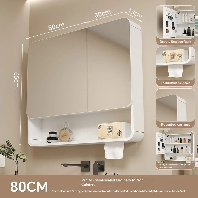 Bathroom Mirror Led Light Wall Mounted Carbon Fiber Curved Rounded Corner Smart Storage Mirror Cabinet Home Furniture Homehold