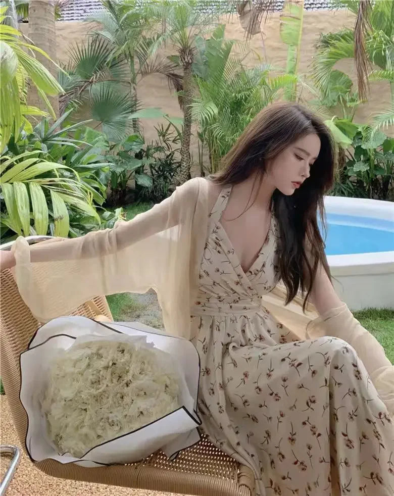Summer New Gentle Wind Fragmented Flower V-Neck Sling Dress Set Waist Wrap Neck Hanging Long Dress Thin Sun Protection Cardigan