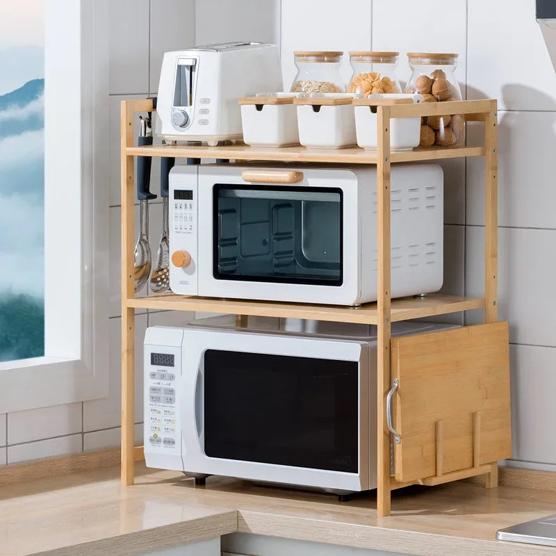 Kitchen Shelf Countertop Double Microwave Oven Shelf Desktop Seasoning Oven Storage Rack Bamboo Solid Wood