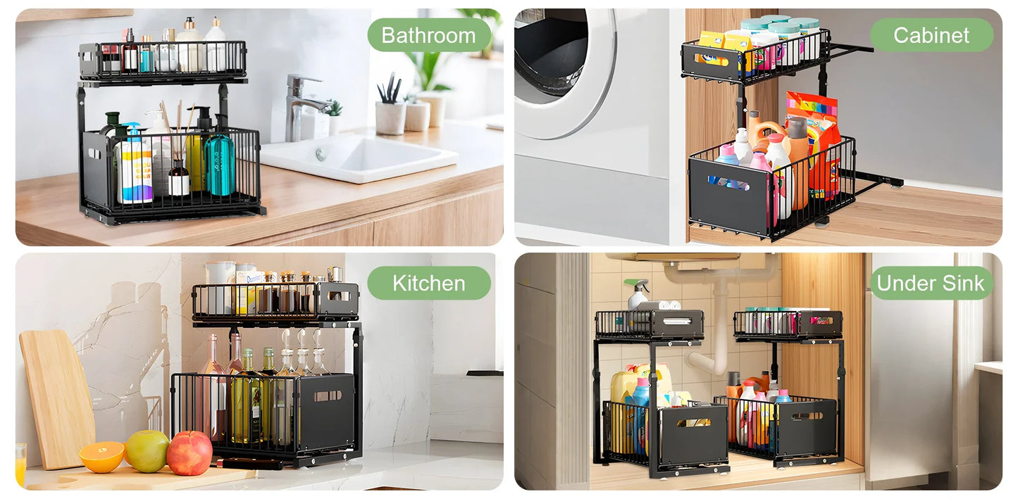 2 Tier Pull Out Cabinet Organiser Adjustable Under Sink Storage Rack Slide Out Drawer Kitchen Spice Jar Storage Shelf