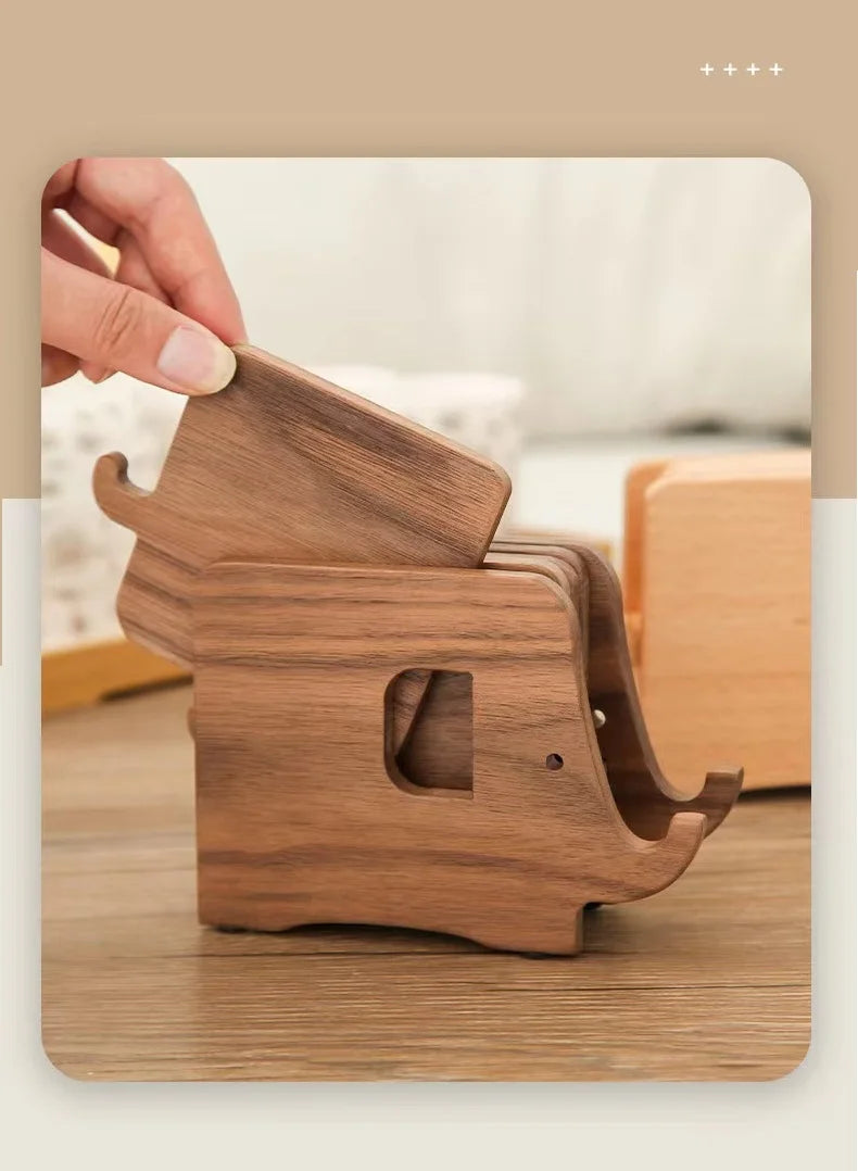 HeMu Cute Elephant Wooden Coaster Set Wood Heat-Resistant Drink Coasters with Holder, Decorative Table Pads for Kitchen, Dining