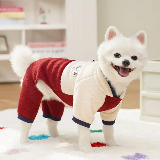 Warm Dog Jumpsuit – Polar Fleece Four-Legged Pants with Stand Collar, Cartoon Bear Pattern, D-Ring Puppy Harness Coat