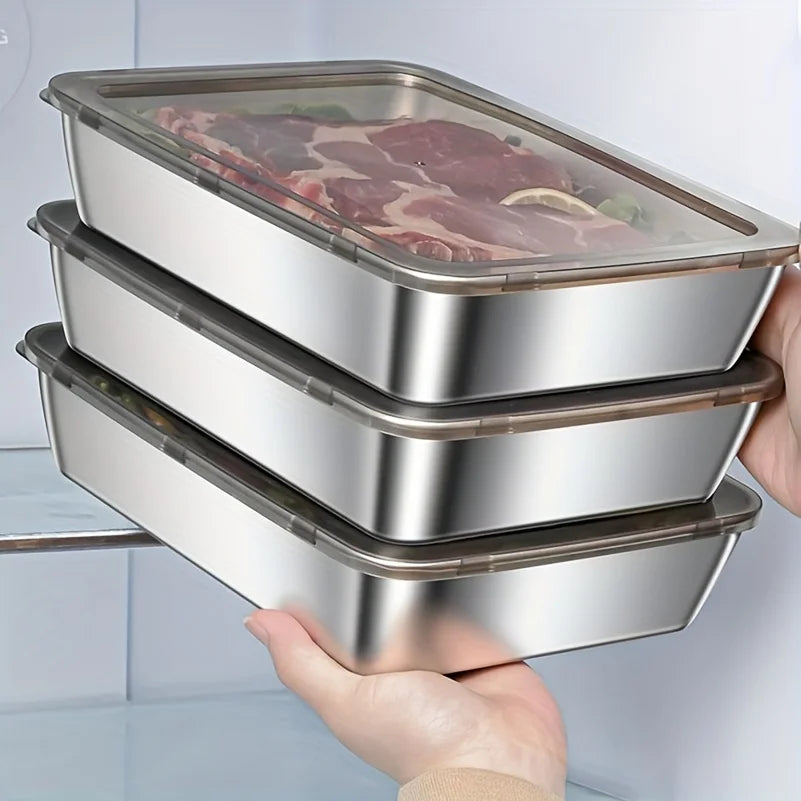 2pcs Stainless Steel Food Storage Container Rectangle Dish with Cover Noodles Fruit Tray Lunch Box Thick Refrigerator Plate