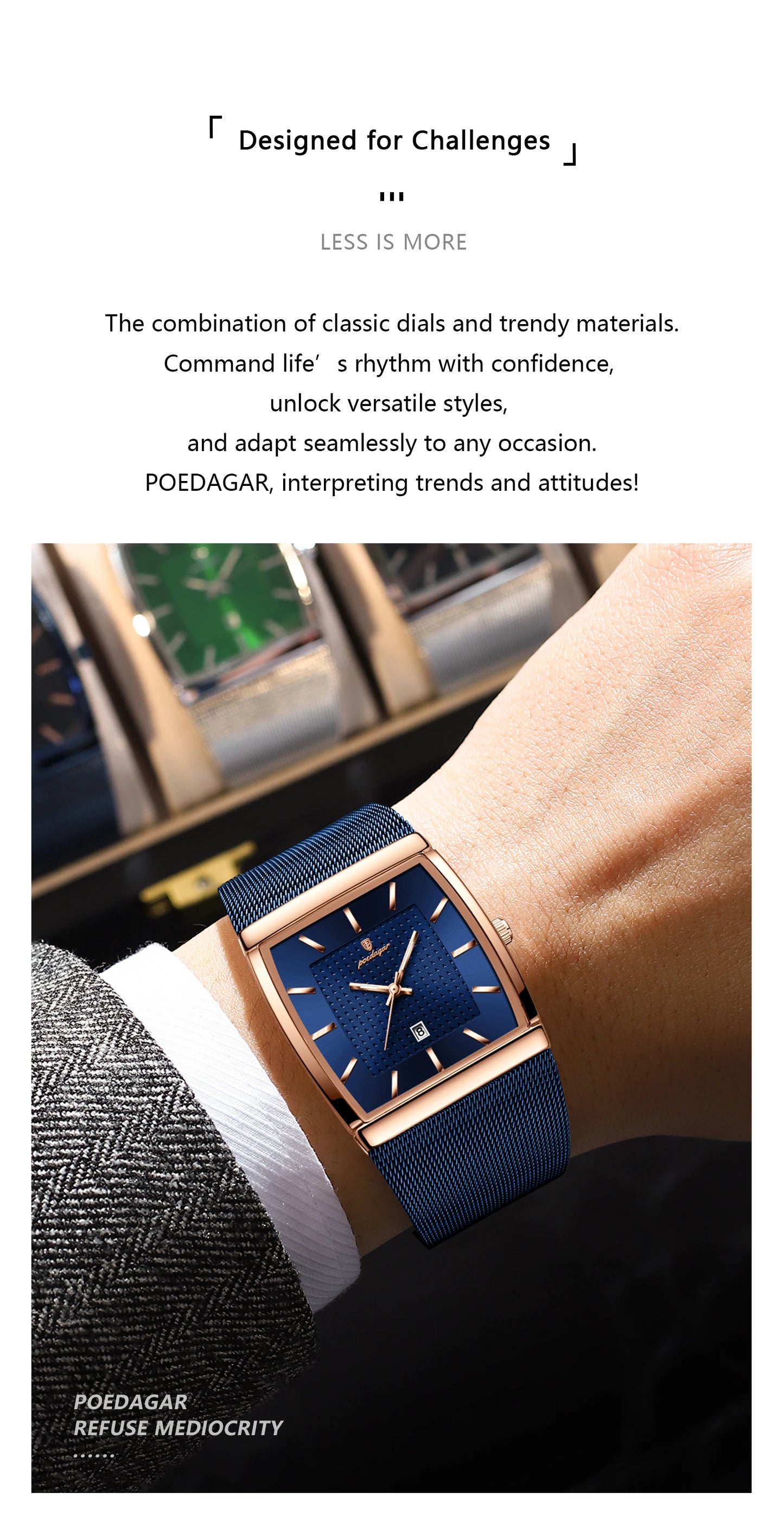 POEDAGAR Top Original Men Watch Waterproof Luminous Date Rectangle Man Wristwatch Mesh Stainless Steel Men's Quartz Watches Male