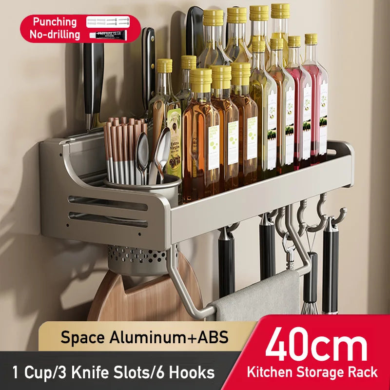 No Drill Kitchen Storage Rack Aluminum Wall Mount Spice Seasoning Spoon Knife Stand Holder Rag Dishcloth Rack Organizer Shelf