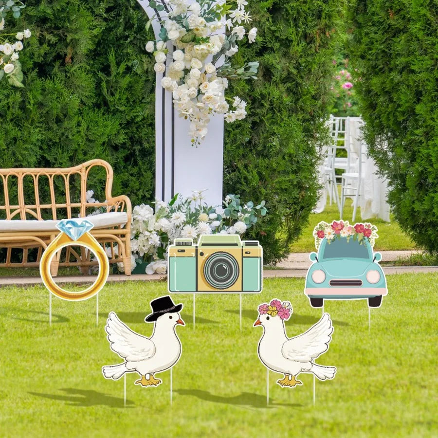 5Pcs Wedding Theme Party Yard Signs with Stakes Pigeon Ring Camera Pattern Road Dration Wedding Reception Plastic Welcome Sign
