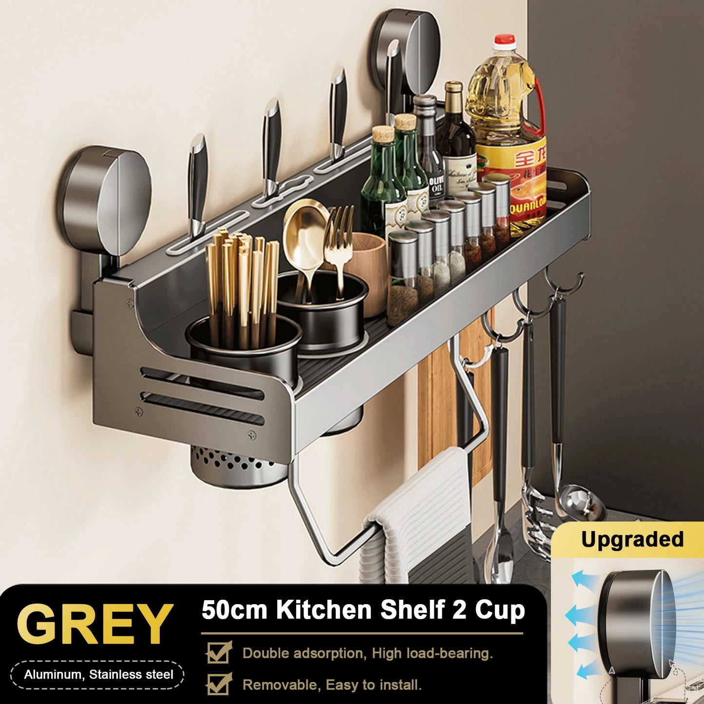 Suction Cup Kitchen Organiser Shelf Wall-mounted Spice Storage Rack Kitchen Knife Holder Wall Seasoning for Chopstick Spoon