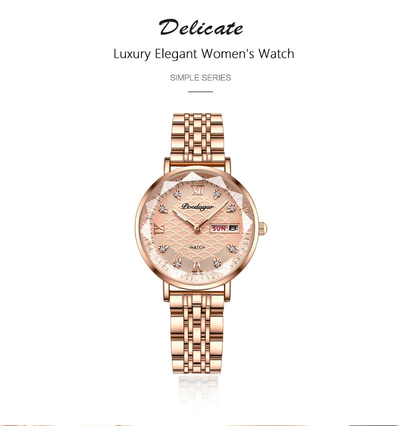 POEDAGAR Women Watch New Fashion Luxury Stainless Steel Wristwatch Bracelet Simple Rose Gold Waterproof Luminous Ladies Watches