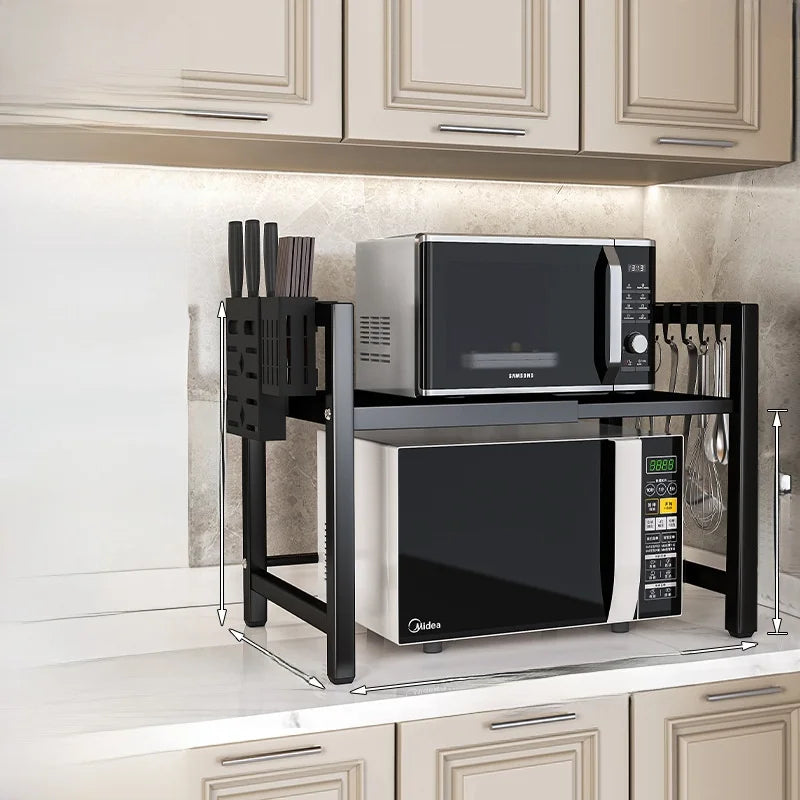 Kitchen Microwave Oven Rack Double Layer Expandable Multi Functional Home Appliance Storage Shelf Carbon Steel No Installatio...