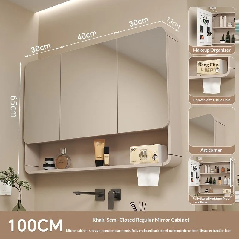 Bathroom Mirror Led Light Wall Mounted Carbon Fiber Curved Rounded Corner Smart Storage Mirror Cabinet Home Furniture Homehold