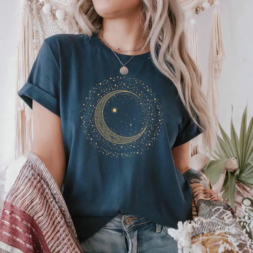 Gold Crescent Moon Celestial T-Shirt for Women -  Mystic Spiritual Tee