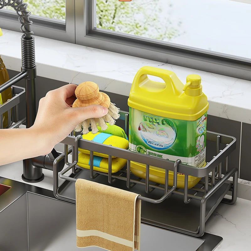 Kitchen Space Aluminum Sink Drain Rack Sponge Storage Faucet Holder Soap Drainer Shelf Basket Organizer Bathroom Accessories
