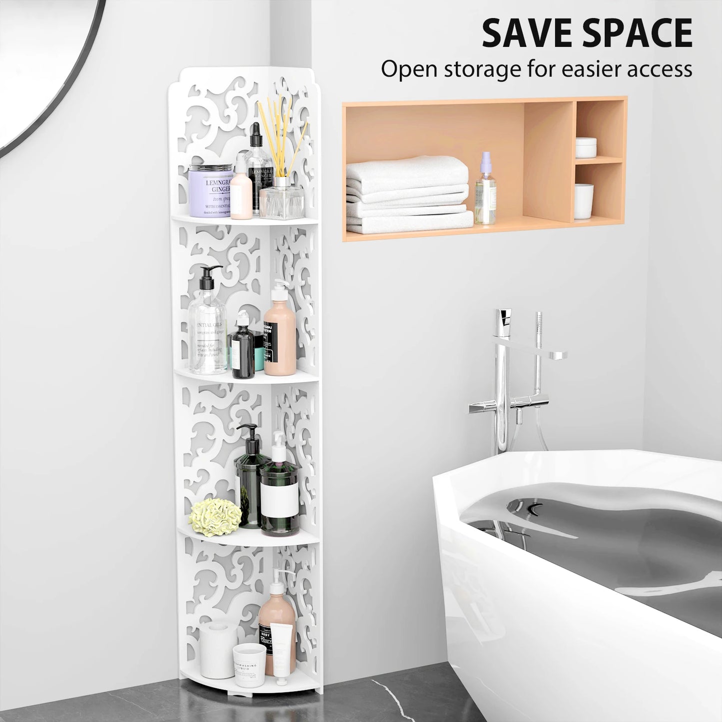 4 Tier Bathroom Corner Cabinet Storage Unit White, Floor Standing Shower Caddy Corner Shelf, PVC Waterproof Storage Organiser