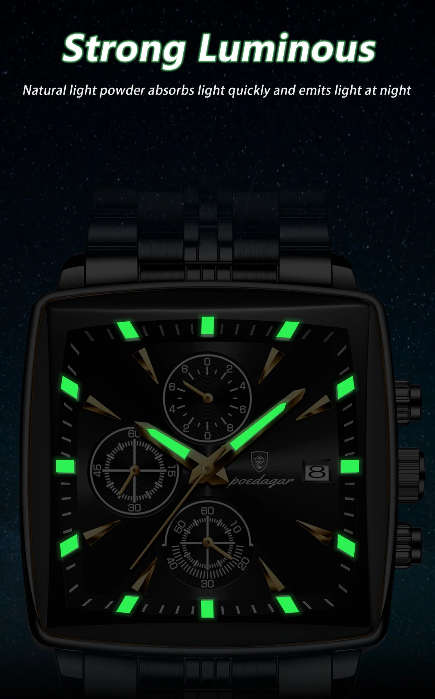 POEDAGAR Business Men Clock Waterproof Luminous Calendar Chronograph Square Man Watch Stainless Steel Quartz Men's Watches Reloj