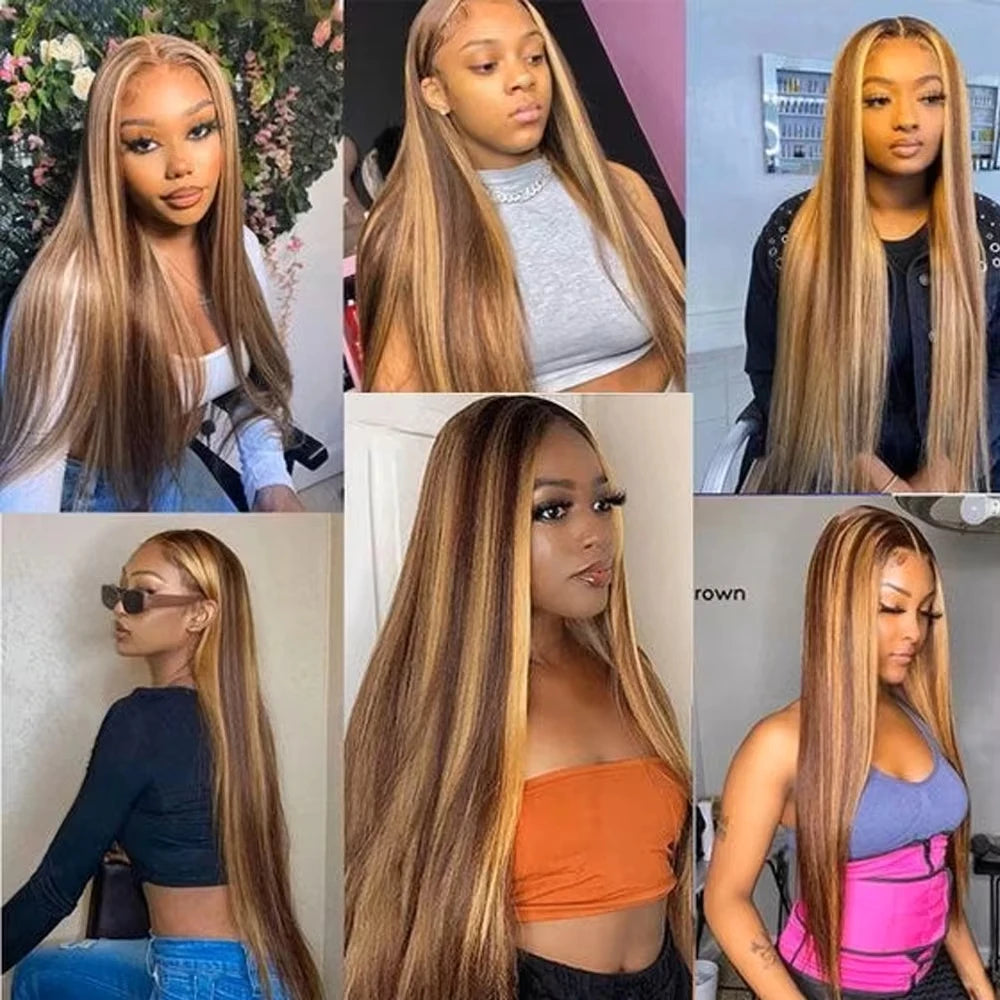 13x6 HD Highlight Lace Frontal Wig P4/27 200 Density Human Hair Honey Blonde Piano Bone Straight 13x4 Lace Front Wigs for Women