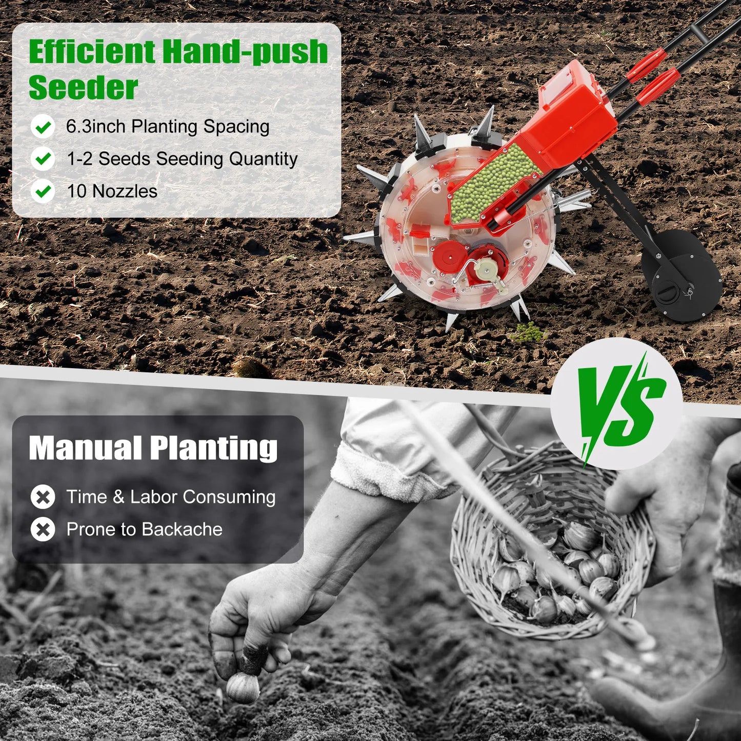 Garden Push Seeder Adjustable Sowing Depth Accurate Seed Distribution Hand-Push Seeder for Easy Harvesting