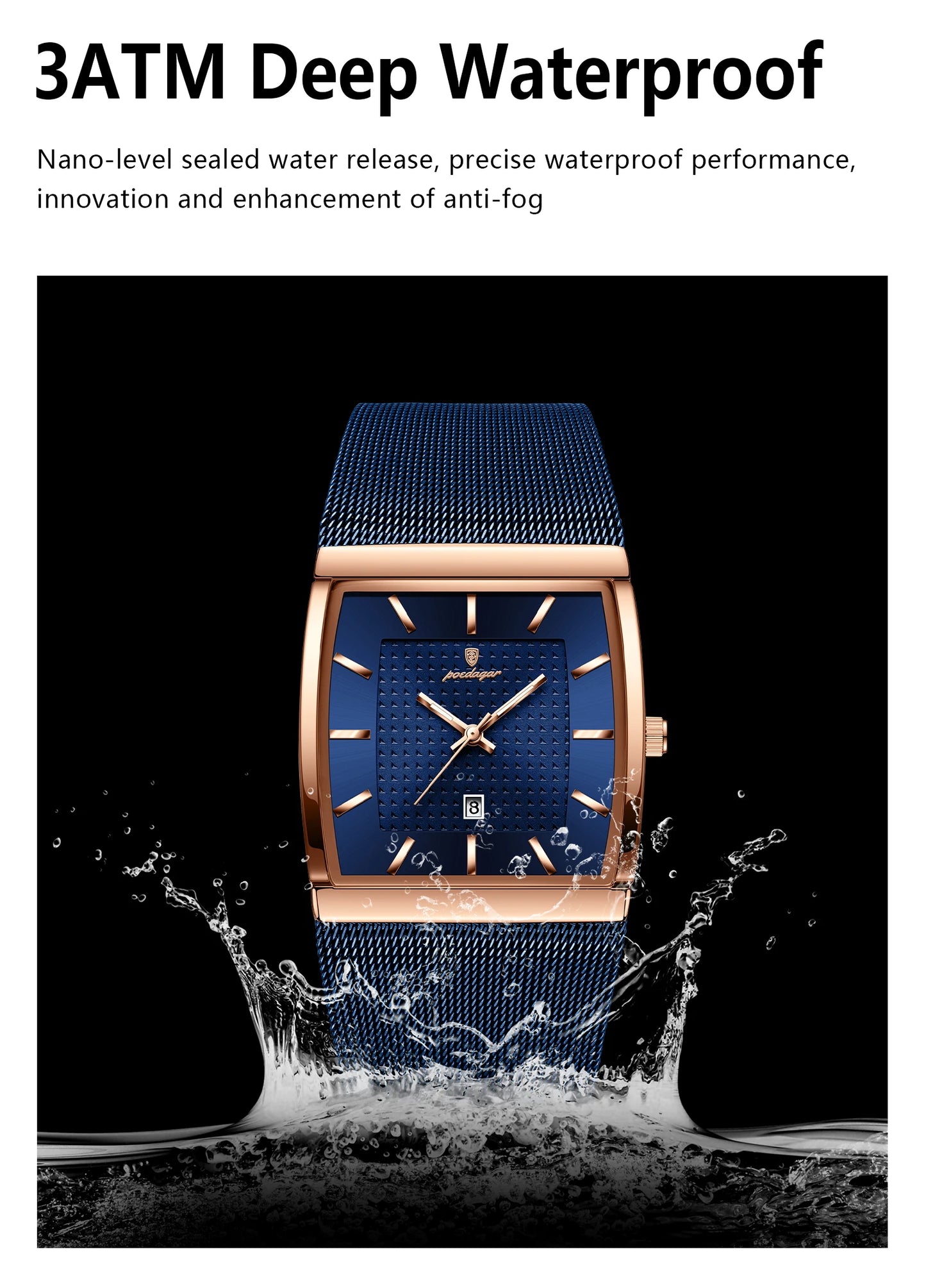 POEDAGAR Top Original Men Watch Waterproof Luminous Date Rectangle Man Wristwatch Mesh Stainless Steel Men's Quartz Watches Male