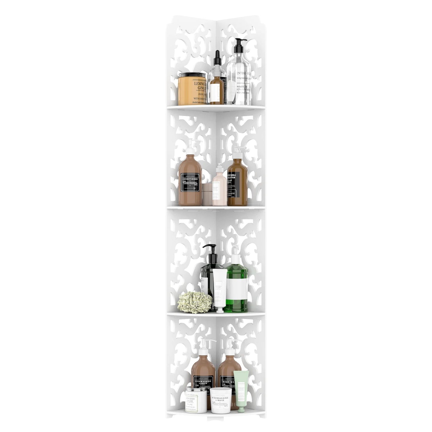 4 Tier Bathroom Corner Cabinet Storage Unit White, Floor Standing Shower Caddy Corner Shelf, PVC Waterproof Storage Organiser