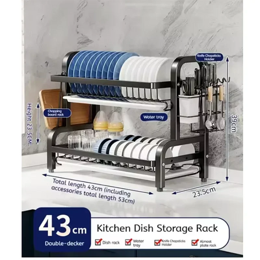 Compact 2-Tier Stainless Steel Dish Drainer, New Rustproof Kitchen Organiser with Utensil Holder