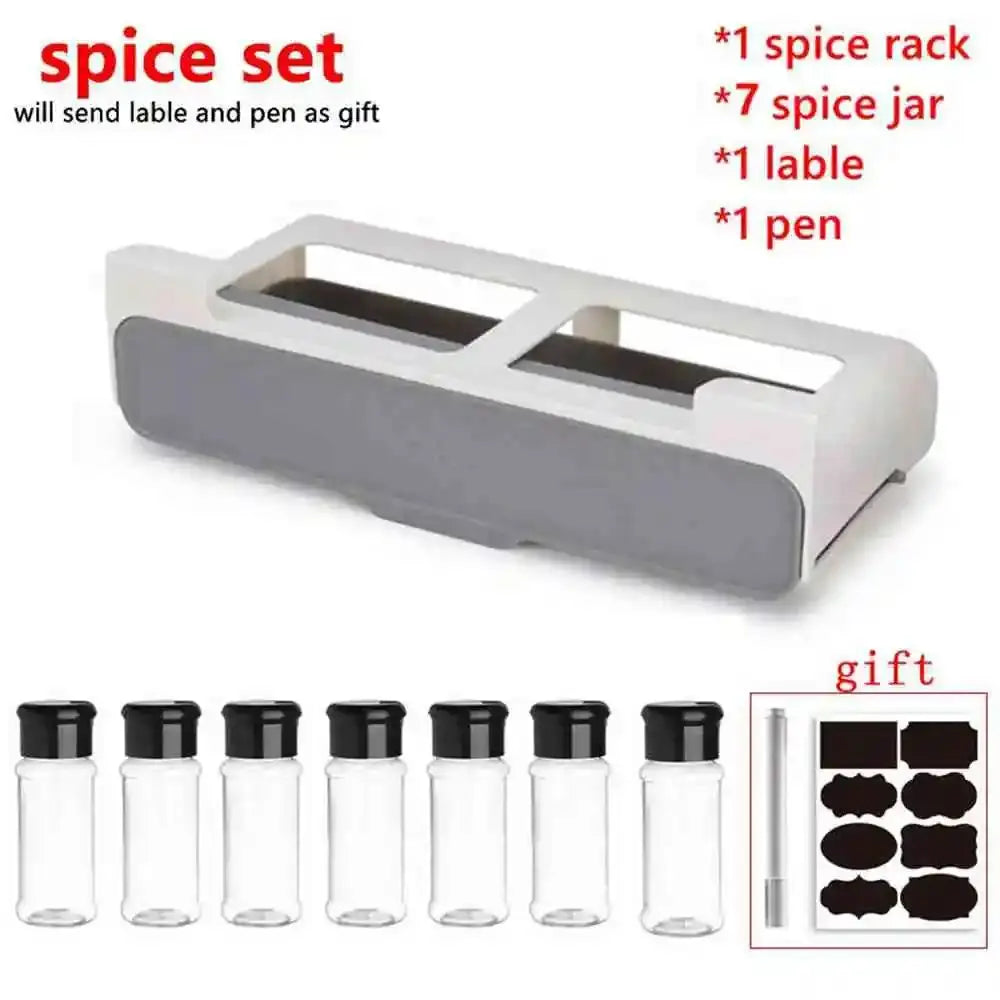 Wall mounted Kitchen Spice Rack Slide Out Drawer Self-adhesive Seasoning Bottle Storage Rack Plastic Spice Organiser for Kitchen