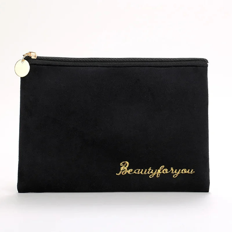 Plush Cosmetic Bag for Women – Large Zipper Makeup & Toiletry Travel Pouch, Solid Color Beauty Bag